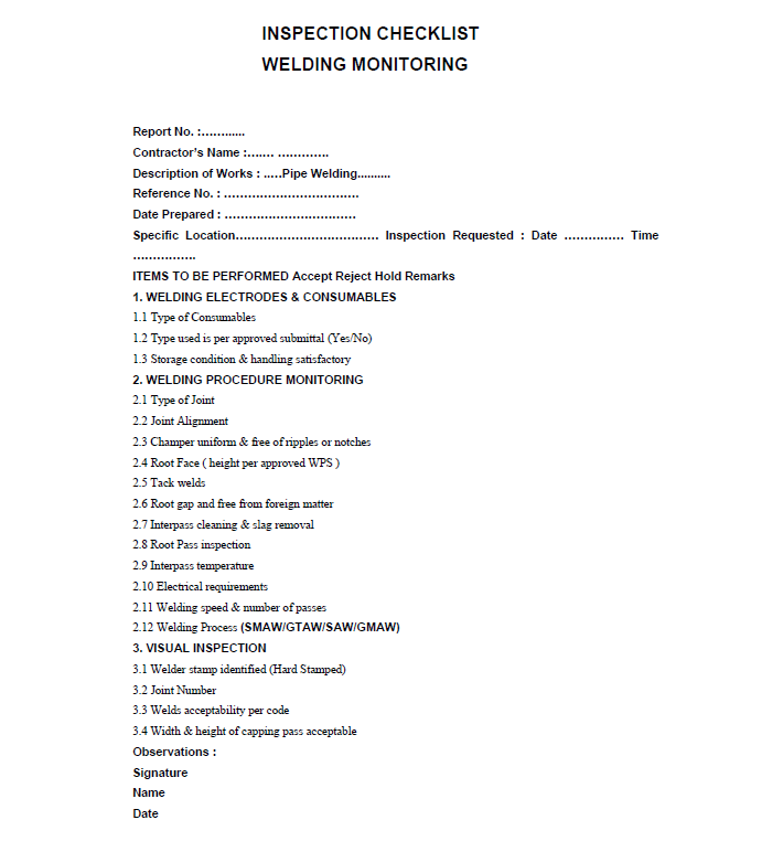 Welding Monitoring Inspection Checklist