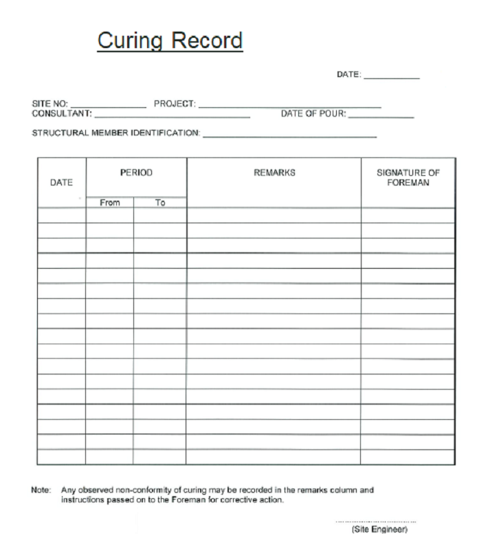 concrete curing record sheet