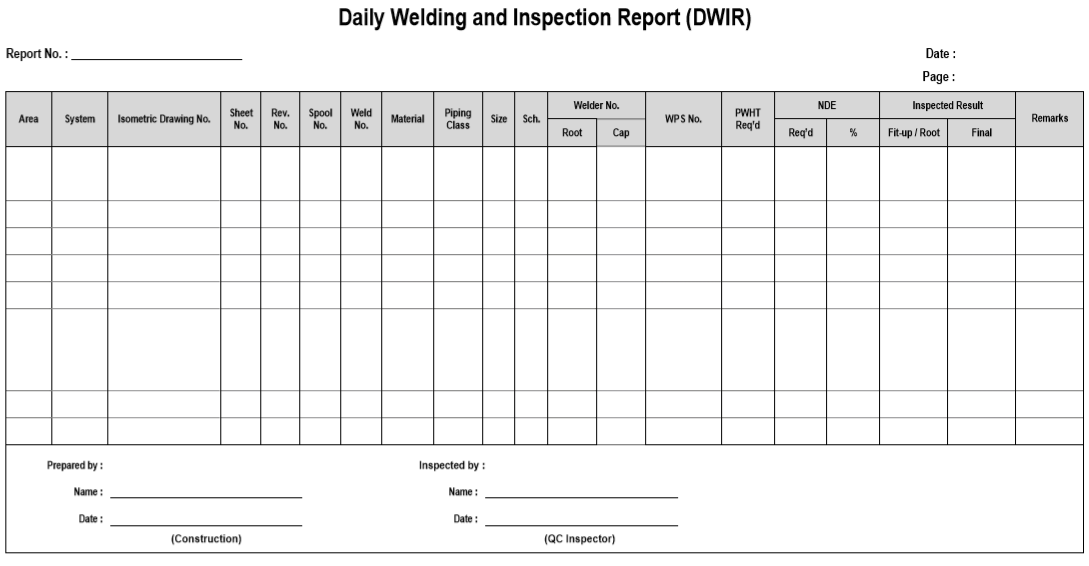 Daily Welding and Inspection Record (DWIR)