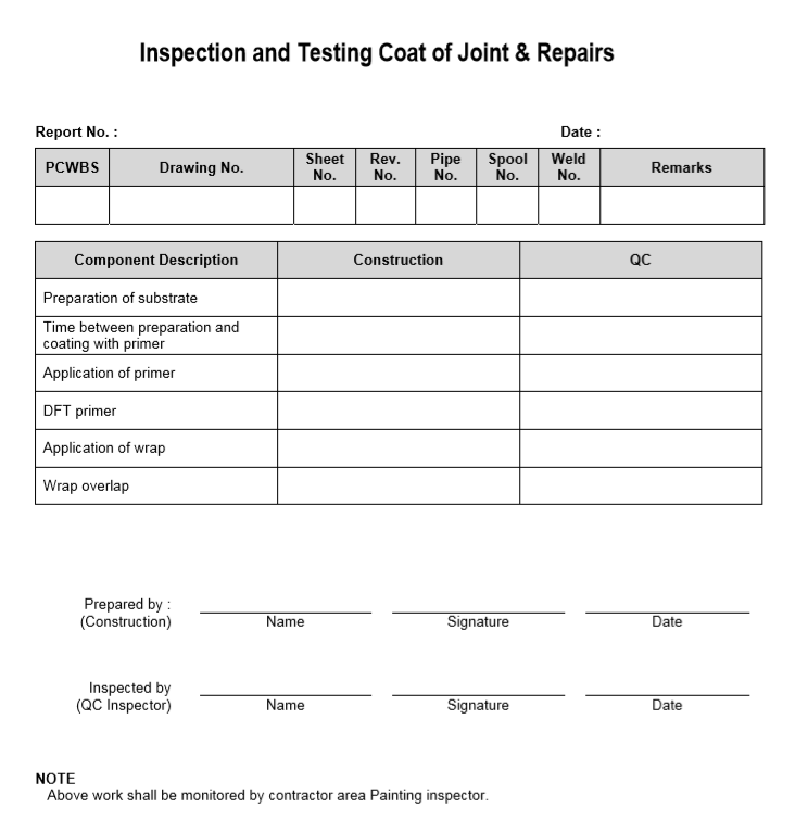 Inspection and Testing Coat of Joint & Repairs