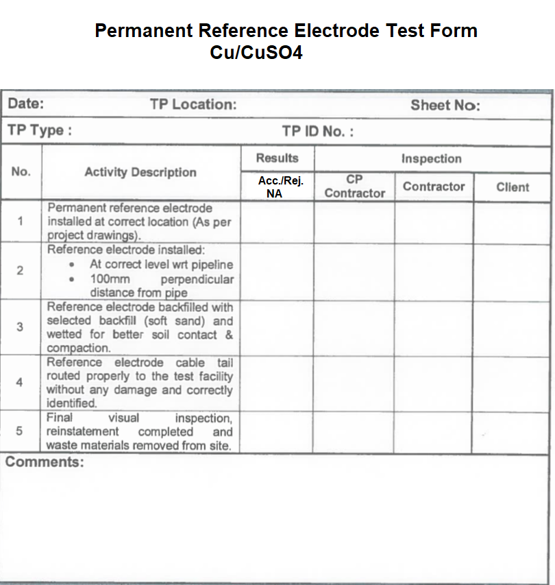 Permanent Reference Electrode test sheet