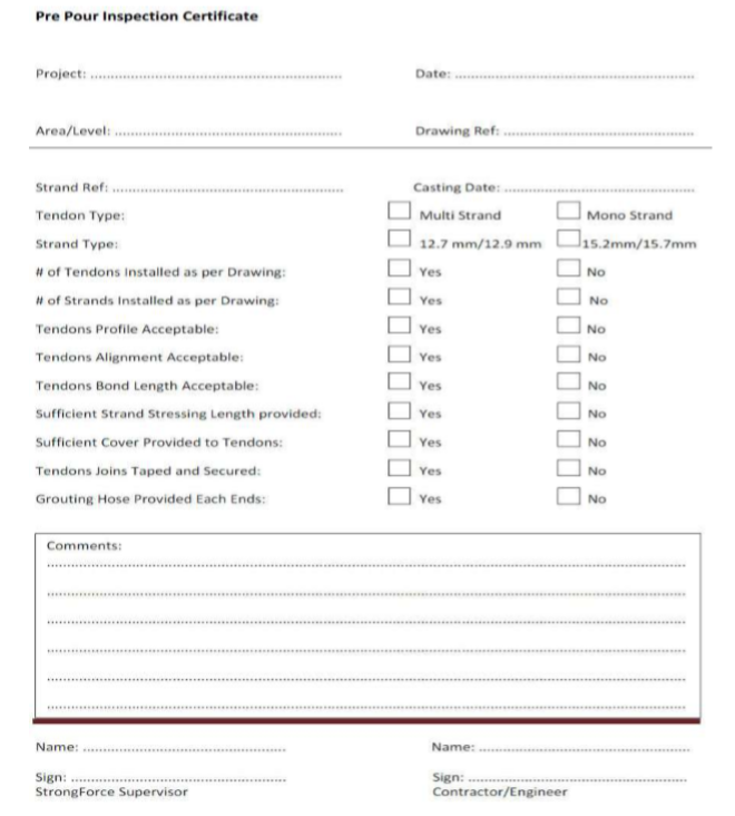 pre pour inspection checklist for post tensioned beam installation