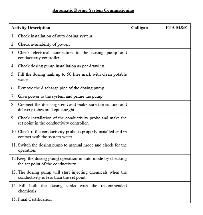 Automatic Dosing System Commissioning Checksheet