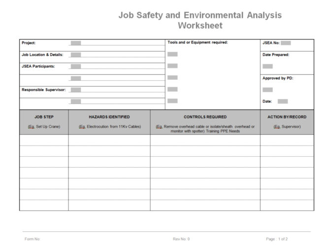Job Safety and Environmental Analysis JSEA Worksheet