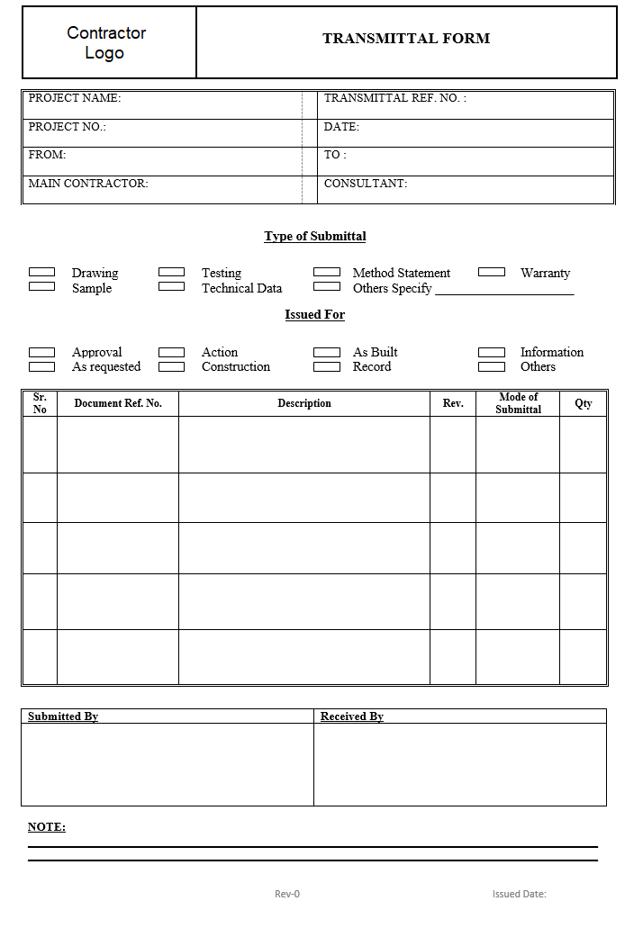 Document transmittal form sample template